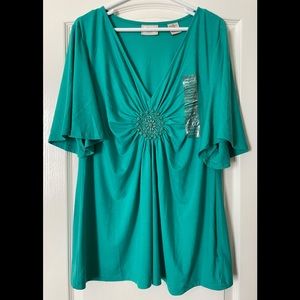 NWOT ECI Short Sleeve Blouse With Gorgeous Beaded Embellishments